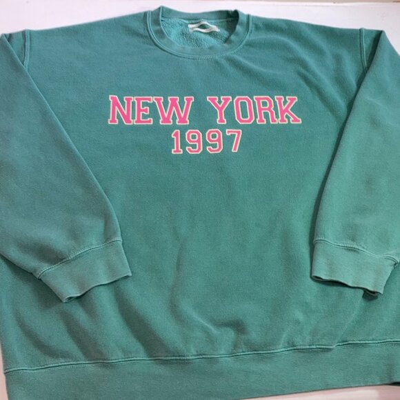 Anthropologie New York 1997  Oversized Crew Neck Sweatshirt Green Pink Sz M - Picture 1 of 9